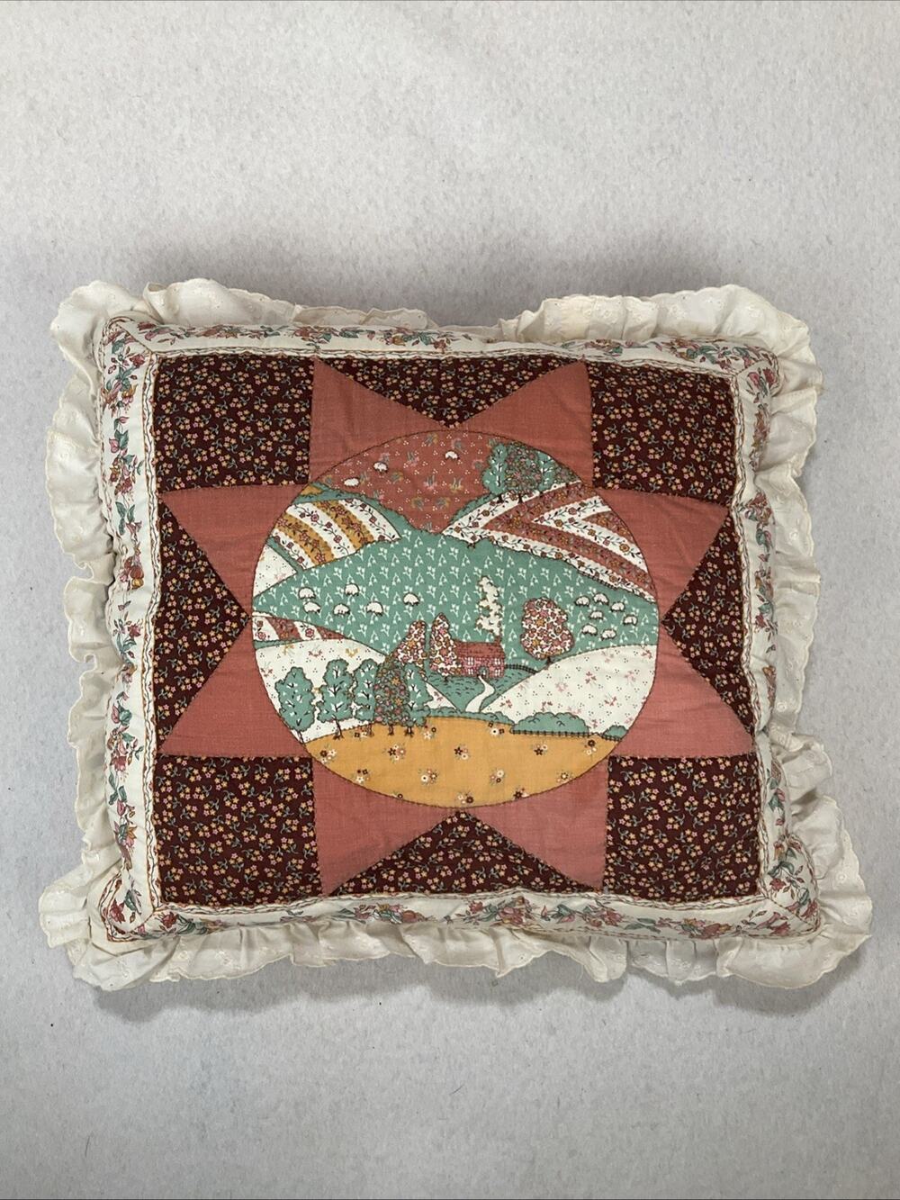 Vintage Throw Pillow 18”x16” Quilted Country Barn Cottagecore Prairie Ruffle